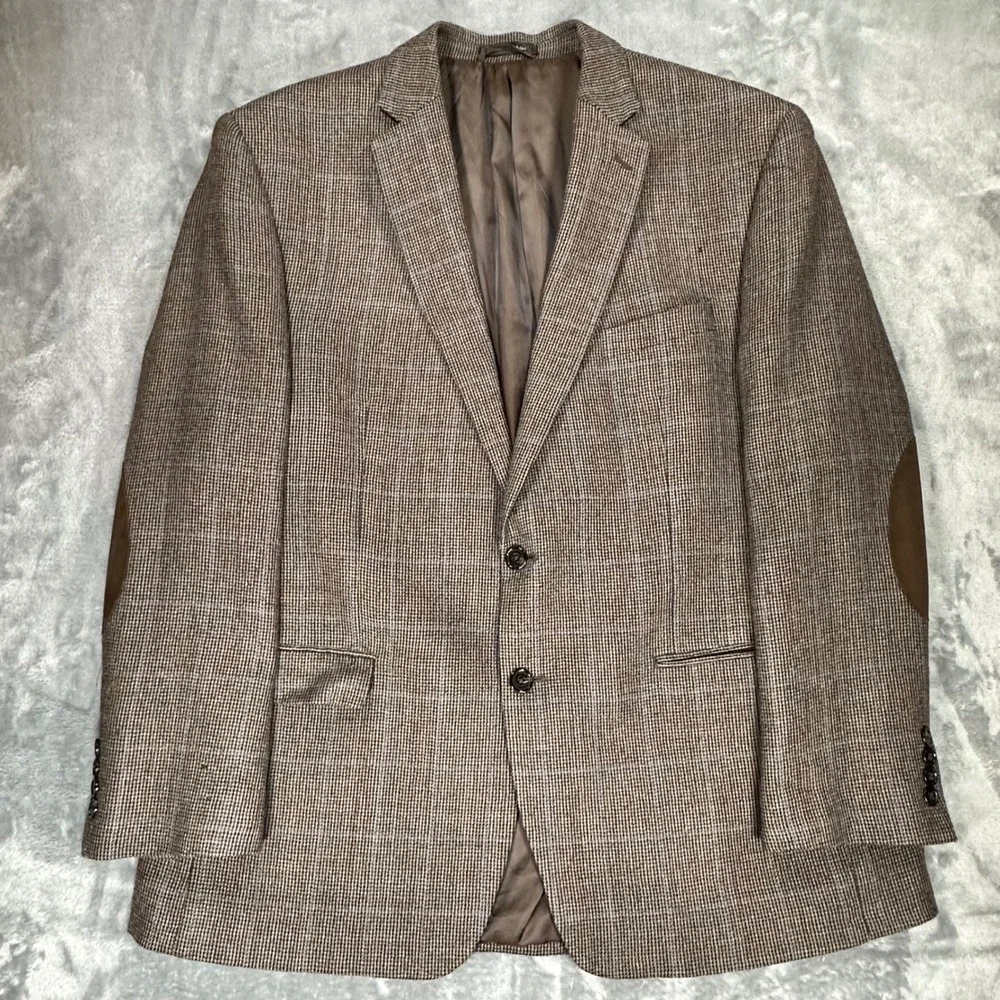 Lauren Ralph Lauren Mens 46R Wool Blazer Houndstooth Elbow Patches Brown Blue